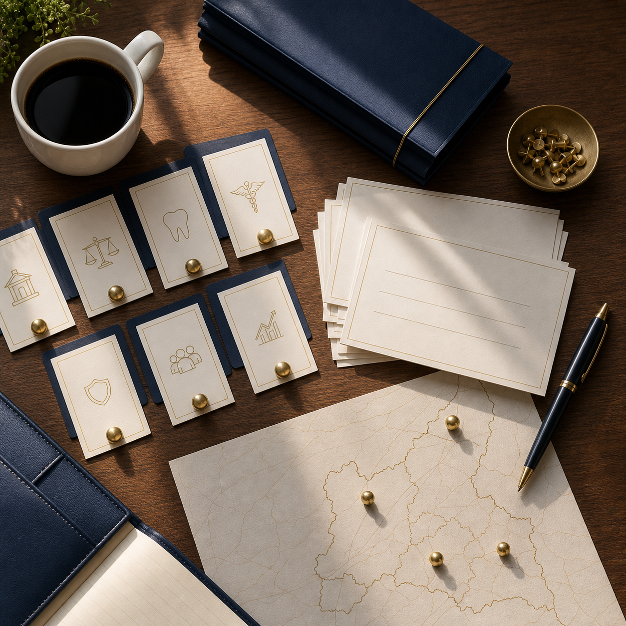 Overhead view of category seat cards, referral notes, and a Western Monmouth map laid out on a chapter table