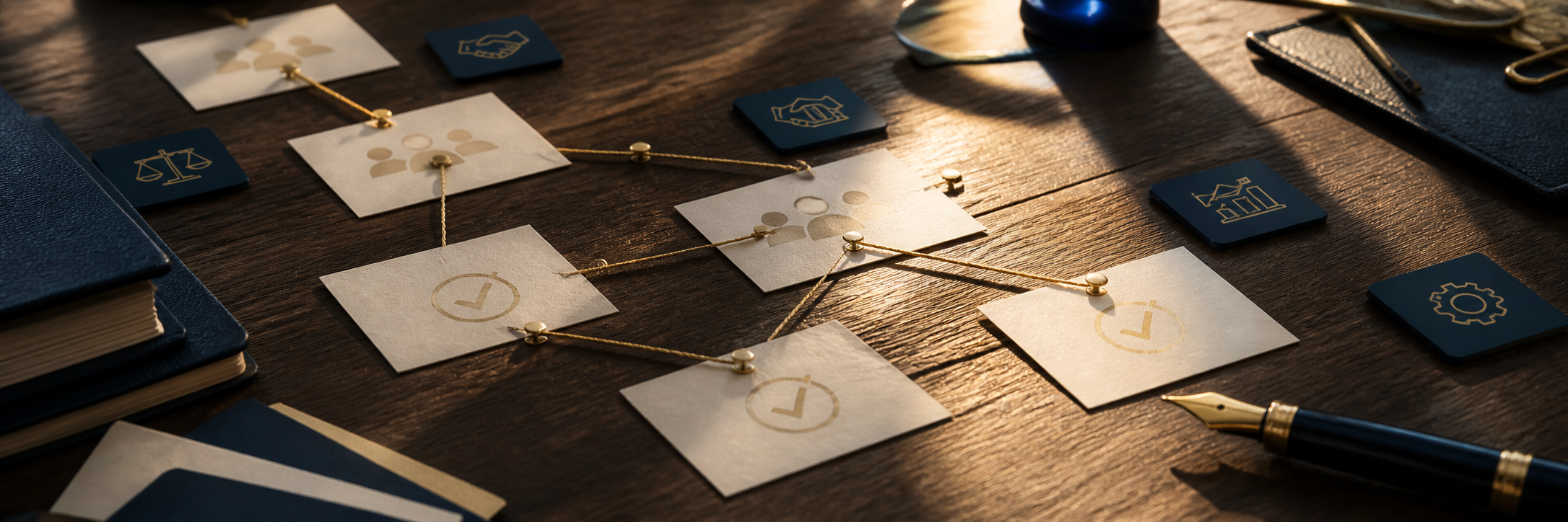 Hand-tied gold thread connecting cream referral cards across navy category tiles